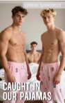 Three handsome shirtless college in a bedroom