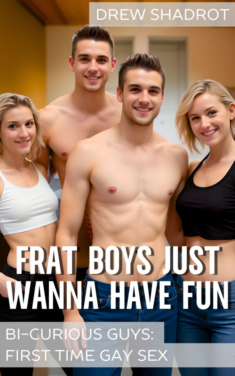 Two smiling frat boys with two women pose casually in warm indoor setting