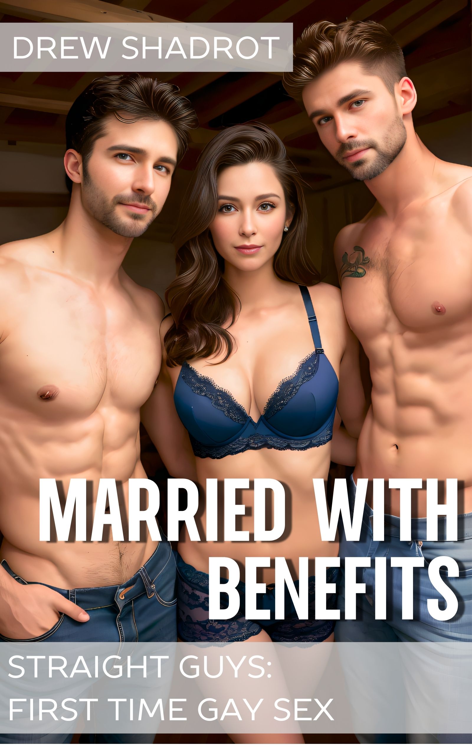 Three people including two shirtless guys and one woman in warm indoor setting