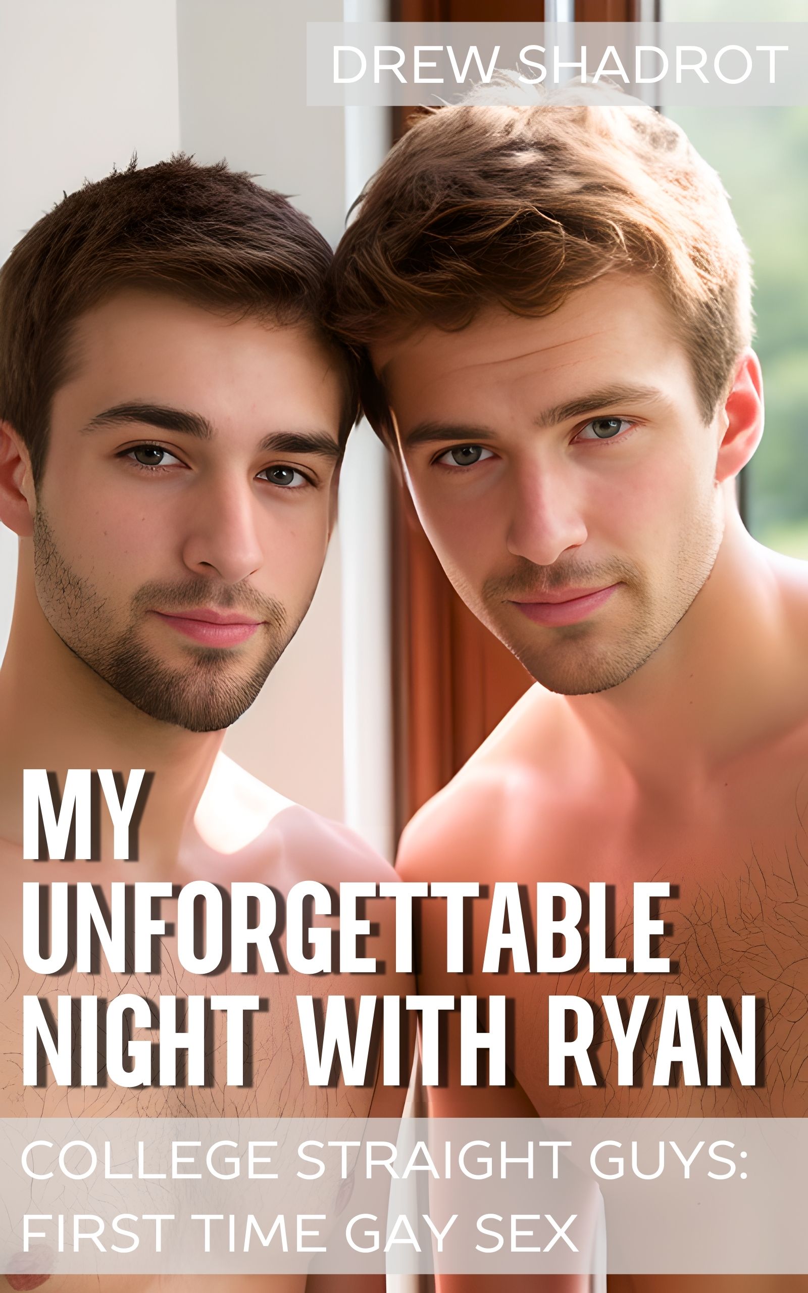 Two shirtless guys in intimate indoor scene, soft natural light, gay romance cover