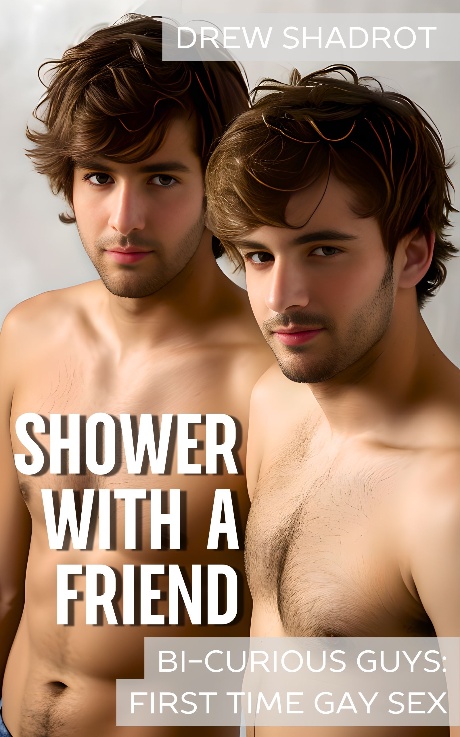 Two shirtless guys in studio setting, neutral background, professional lighting, gay romance cover