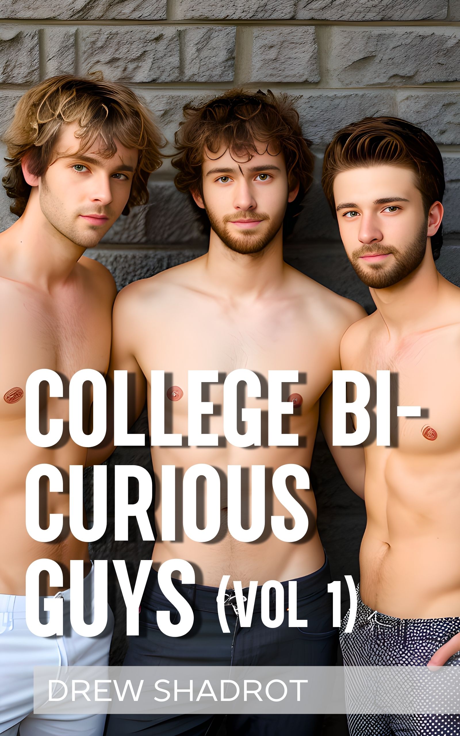 Three shirtless college guys pose together against a grey wall