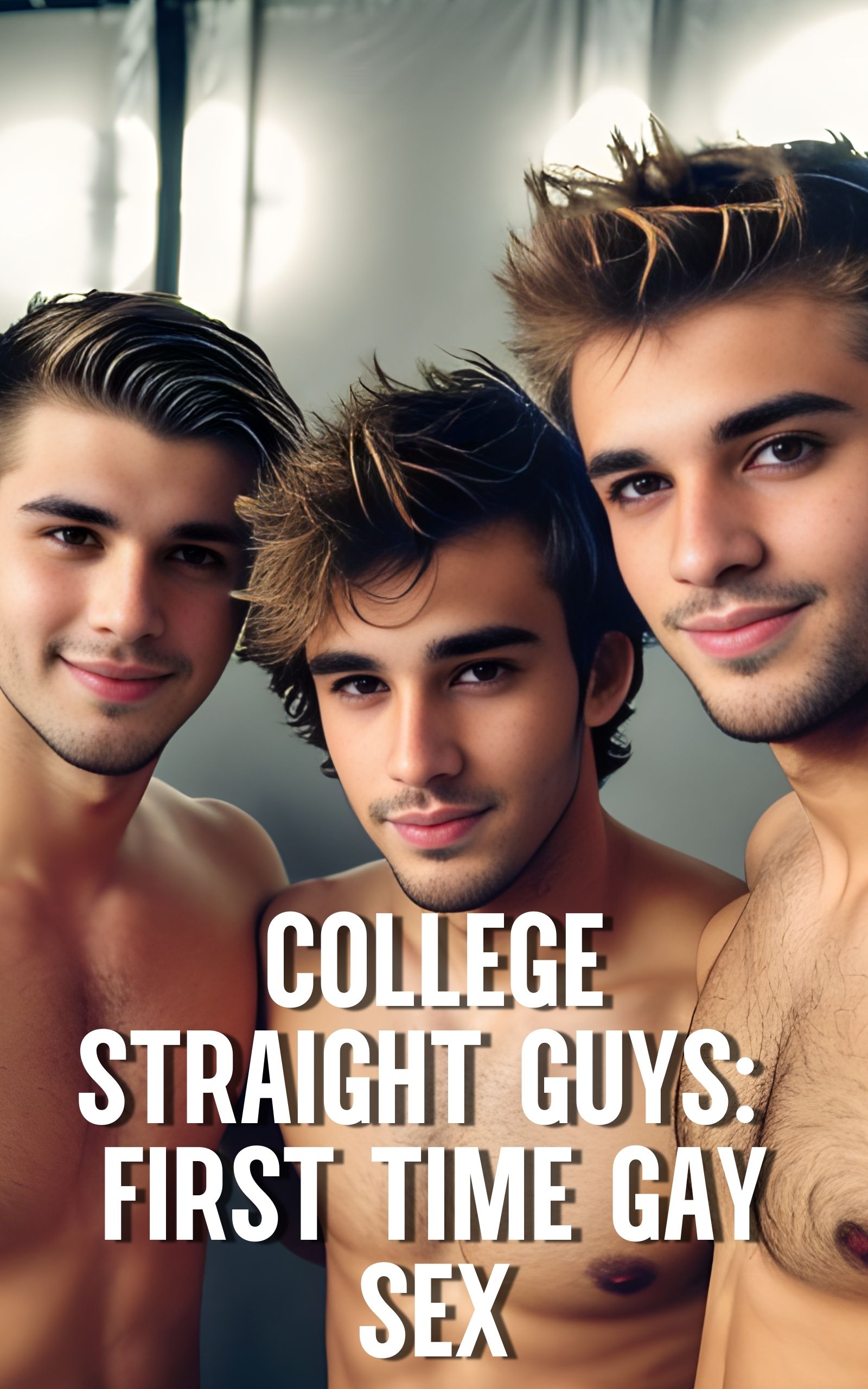 Three shirtless guys in studio setting, professional lighting, gay romance cover